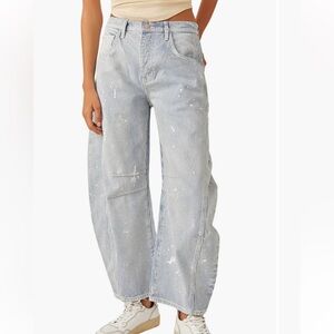 Free People Striped Good Luck Barrel Jeans